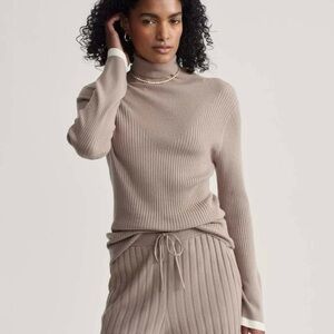 VARLEY Ravena Ribbed Knit High Neck Bell Sleeve Sweater Fungi Tan Women’s Medium